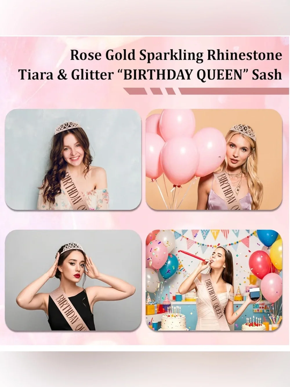 NEW Birthday Queen Tiara & Sash Set Rose Gold Rhinestone Crown Party Decor